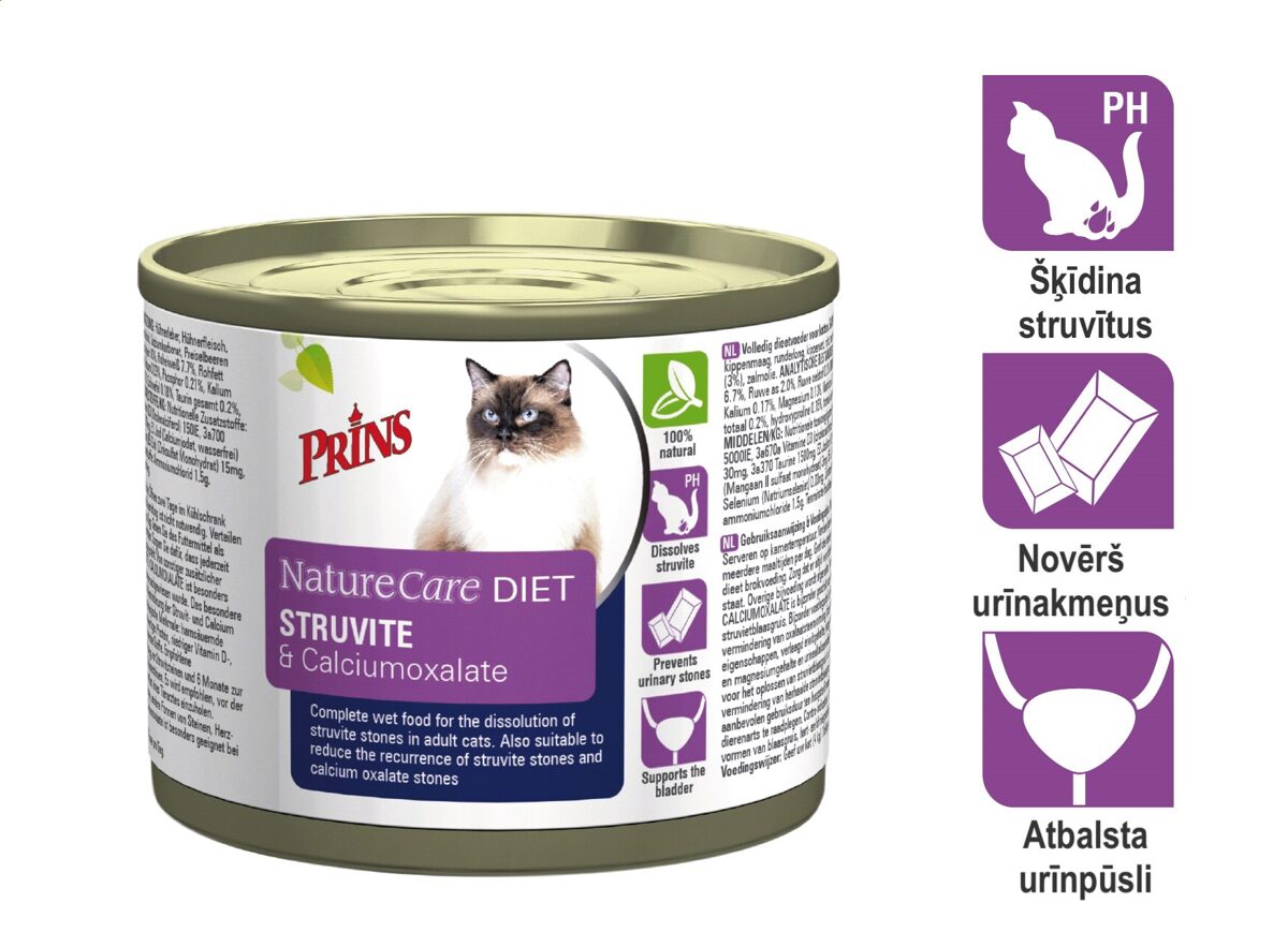 AKCIJA! Prins NatureCare Cat Diet STRUVITE & Calciumoxalate diētiskā barība kaķiem ar urīnpūšļa problēmām, 6 x 200 g