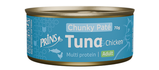 JAUNUMS! Prins wet food cat Chunky Paté Tuna & Chicken mitrā barība kaķiem, 70g