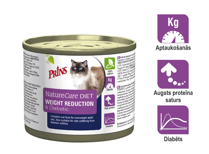 AKCIJA! Prins NatureCare Diet Cat WEIGHT REDUCTION & Diabetic diētiskā barība kaķiem ar lieko svaru un/vai diabētu. 6 x 200 g