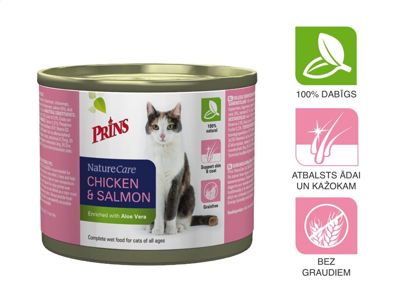 Prins NatureCare Cat CHICKEN & SALMON mitrā barība kaķiem, 200g