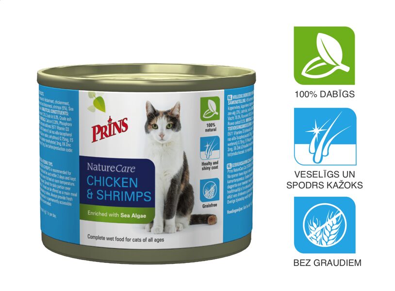 Prins NatureCare Cat CHICKEN & SHRIMPS mitrā barība kaķiem, 200 g