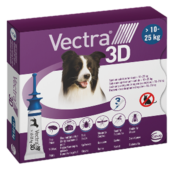 VECTRA 3D šķīdums pilināšanai uz ādas suņiem >10-25 kg, 3 aplikatori