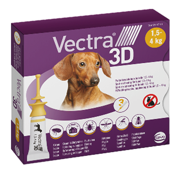VECTRA 3D  šķīdums pilināšanai uz ādas suņiem 1,5-4kg, 3 aplikatori 